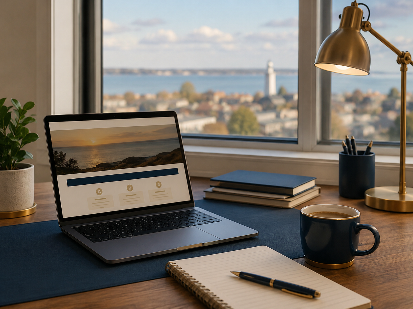 An Erie, Pennsylvania desk overlooking Lake Erie and the Presque Isle lighthouse &mdash; where Northpoint Business Works builds and maintains local websites